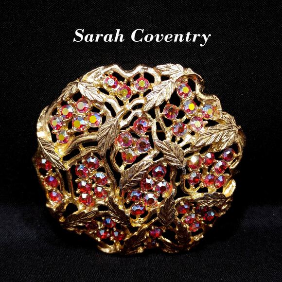 Sarah Coventry Red Rhinestone Brooch, Golden Leaves, Aurora Borealis, 1960s - Picture 1 of 10